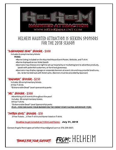 Helheim Haunted Attraction 2018 Sponsorship poster